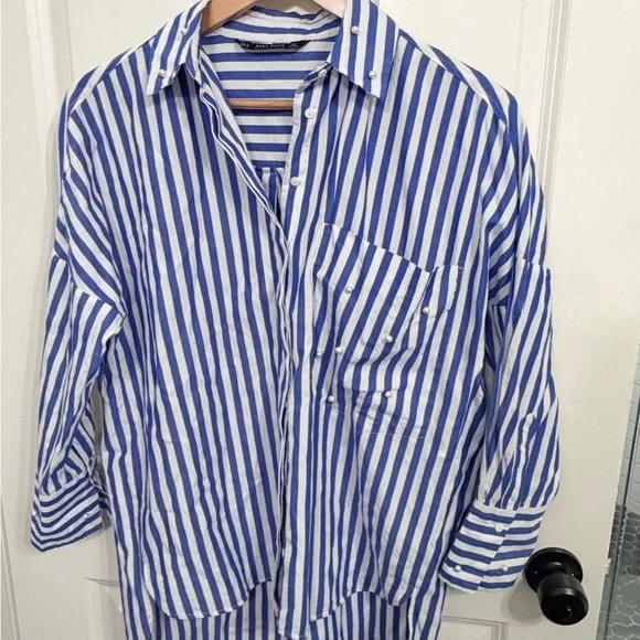 Excellent condition Zara size S blue and white striped button down with pearls - Picture 5 of 11